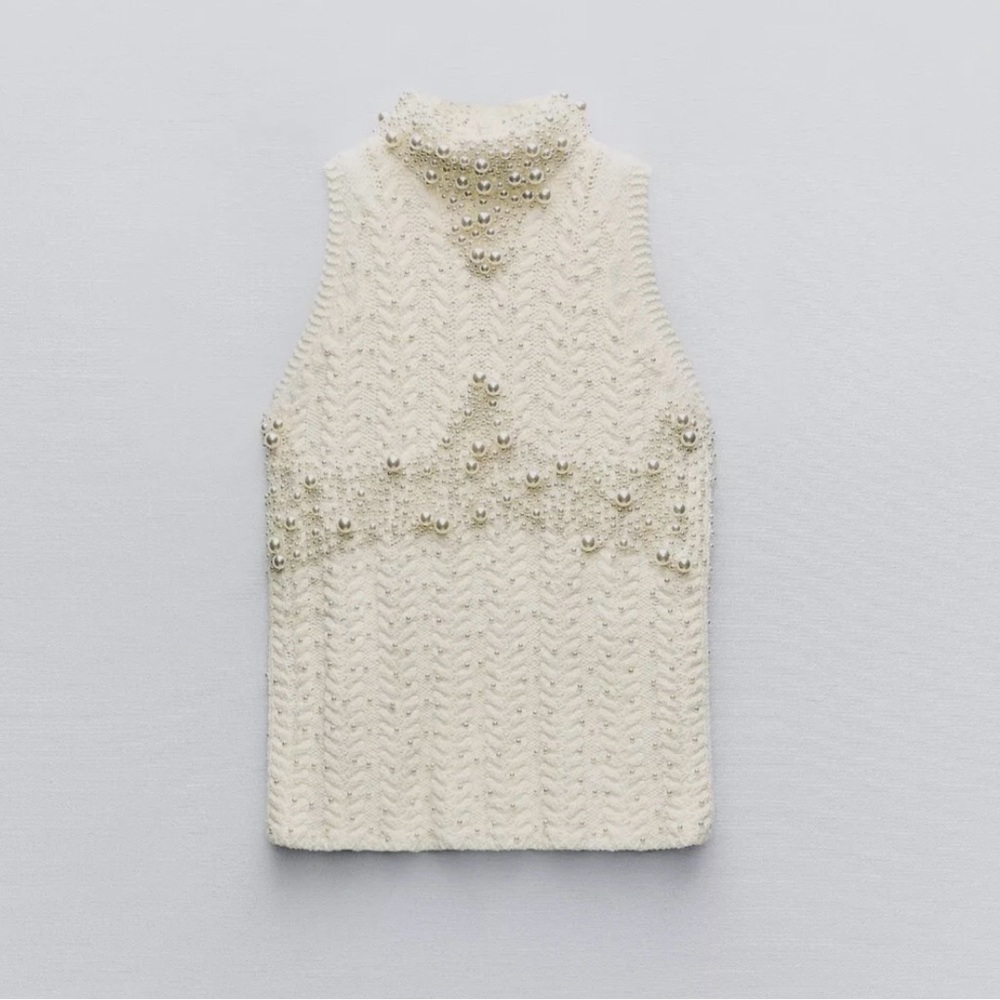 Zara Cream Sleeveless Top with Pearl Embellishments